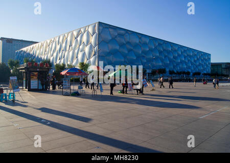 The Beijing National Aquatics Center, colloquially known as the Water Cube, in the Olympic Park in Beijing, China, photographed at sunset. Stock Photo