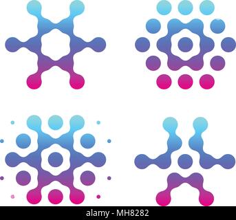 Digital snowflakes icons, molecular science logo set, abstract blue button from dots, honeycombs symbol collection on white background. Stock Vector