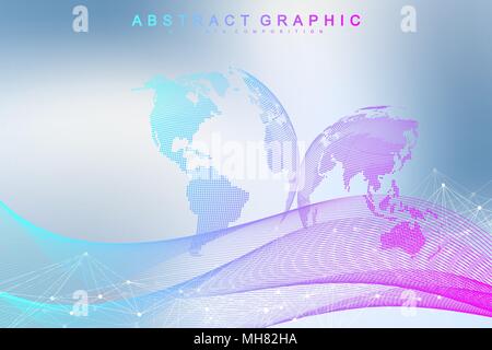 Abstract cloud computing background and networks concept with earth globes. Global digital connections with dotted and lines. Big data visualization complex with compounds. Vector illustration Stock Vector