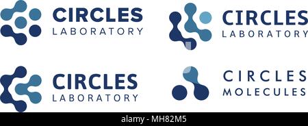 Abstract isolated logo from blue connect dots, hexagon logos template, molecular equipment sign, nano technology engineering symbol, computer chip icon, digital science laboratory vector logo set Stock Vector