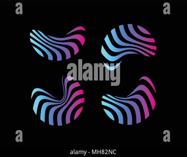 Colorful abstract shape, modern chips logo template, fried thinly sliced potatoes, striped icon set, fast food vector logotype on black background. Stock Vector