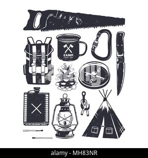 Vintage hand drawn camping symbols. Hiking icons in retro monochrome style. Silhouette mountain adventure elements. Perfect for logo creation, infographics. Stock vector Stock Vector