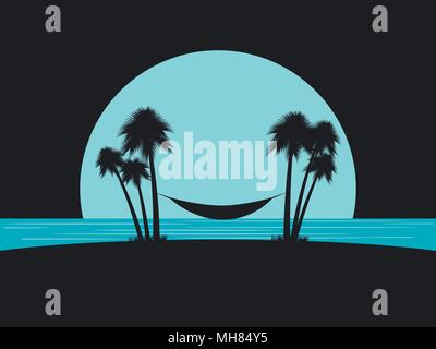 Silhouette of palms with a hammock on the beach. Beach vacation. Design template leisure, tourism. Vector illustration Stock Vector