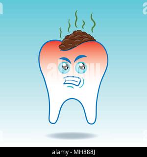 Vector Illustration of angry molar tooth with dirt and food scraps as concept of how much important is to keep teeth cleaned Stock Vector