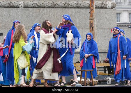 The members of Wintershall Estate re-enact the Passion of Jesus Christ inTrafalgar Square to mark Good Friday. The performance depicts the last hours in the life of Jesus of Nazareth. The hill of Calvary is erected under Nelson's column and the play is performed by a cast of 100 actors and animals.  Featuring: James Burke-Dunsmore Where: London, United Kingdom When: 30 Mar 2018 Credit: Dinendra Haria/WENN Stock Photo