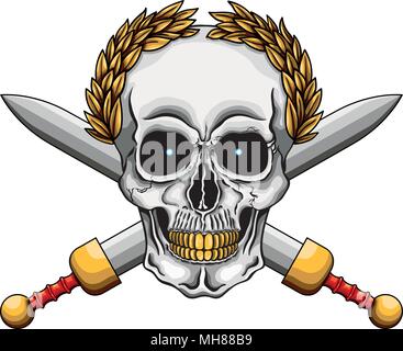 Vector illustration of human skull with golden laurel crown, golden teeth and two roman swords. Stock Vector