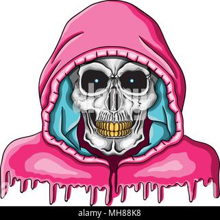 Vector illustration of human skull with golden teeth and pink hood. Stock Vector