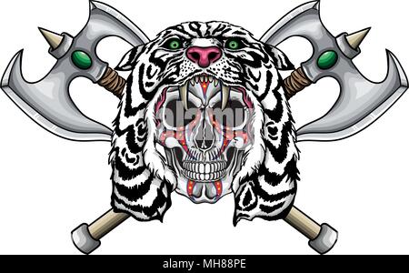 Vector illustration of human skull with war paintings and white lion hood and two fantastic medieval axes. Stock Vector