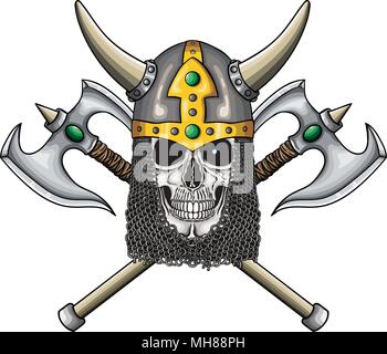 Vector illustration of warrior undead skull  with fantastic medieval helmet and two axes. Stock Vector