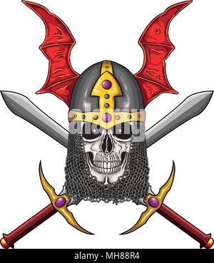 Vector illustration of warrior undead skull  with fantastic medieval helmet and two swords. Stock Vector