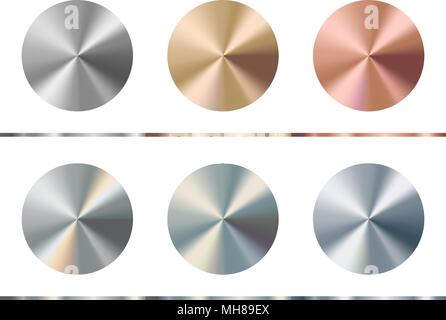 Metal gradient template. Gold, silver, bronze, platinum, steel, chrome round surface, vector illustration. Stock Vector