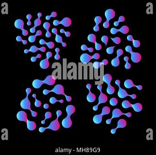 Abstract unusual blue, purple and violet drop gradient shapes, isolated vector logo template. Biological structure, nano technology laboratory on black background. Stock Vector