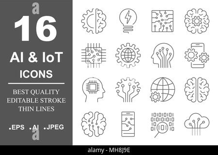 Simple set of artificial intelligence related line icons contains such icons as droid, eye, chip, brain. Editable Stroke. Stock Vector