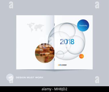 Design of abstract double-page brochure with colourful circles, quares, triangles for branding. Business vector broadside. Stock Vector