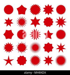 Star burst shapes. Vector brightness red bursting stars symbols isolated on white background for circle badges and prices Stock Vector