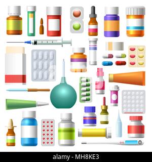 Medications. Medicine drugs, pharmacy bottles, containers with tablets, pills and medications vector illustration Stock Vector