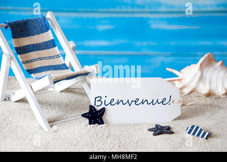 Summer Label With Deck Chair, Bienvenue Means Welcome