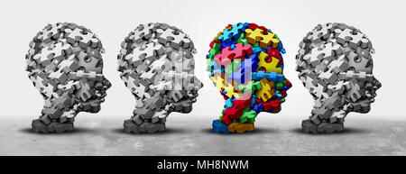 Autistic child and autism spectrum puzzle shaped as a child head as a 3D illustration. Stock Photo