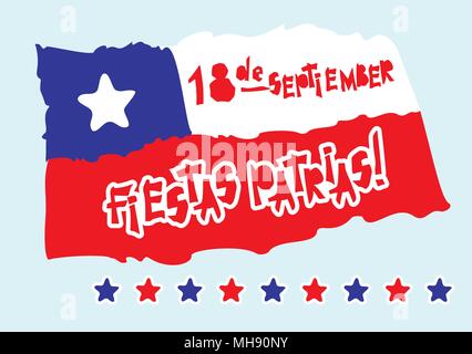 Flat fiestas patrias design card with text fiestas patrias in Chile national state flag colors Vintage grunge torn paper style. Stock Vector
