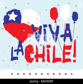 Flat fiestas patrias design card with text Viva la Chile in national state flag colors Vintage grunge torn paper style. Stock Vector