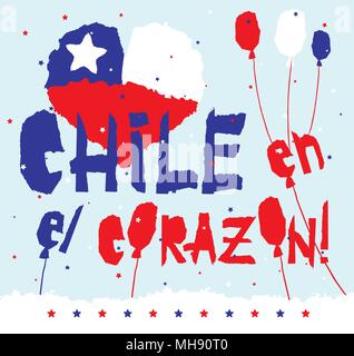 Flat fiestas patrias design card with text Chile en el corazon in national state flag colors Vintage grunge torn paper style. Stock Vector