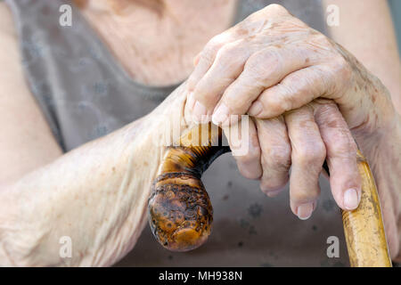 Old woman hands with cane Stock Photo