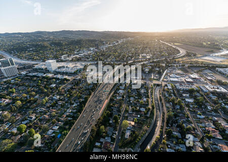 Late afternoon aerial view of Ventura 101 Freeway in the San Fernando Valley area of Los Angeles, California. Stock Photo