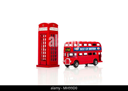A Red London Doubledecker Bus and red telephone box. Isolated on white background Stock Photo