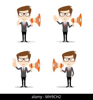 Young businessman with a megaphone. Set Stock Vector