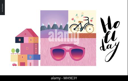 Simple things - vacation - flat cartoon vector illustration of a pink house, purple mountain landscape, bicycle with flowers, sun glasses and Holiday  Stock Vector