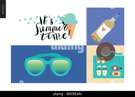 Simple things - vacation - flat cartoon vector illustration of sunglasses, ice cream, bottle of white wine, beach accessories, hat, sun protection and Stock Vector