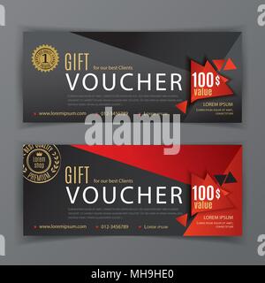 Vector gift voucher template, a diamond and a place for the image. Universal red, black flyer template for advertising a gym or business. Red black tirangle background Stock Vector