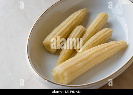 Sweet Baby Corn Pickle in Porcelain Bowl. Organic Food. Stock Photo