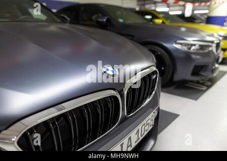 BERLIN / GERMANY - APRIL 29, 2018: BMW F90 M5 stands in a german parking lot. The F90 M5, based on the BMW 5 Series (G30) was presented on 21 August 2 Stock Photo