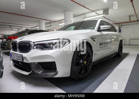 BERLIN / GERMANY - APRIL 29, 2018: BMW F90 M5 stands in a german parking lot. The F90 M5, based on the BMW 5 Series (G30) was presented on 21 August 2 Stock Photo