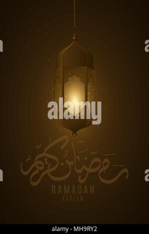 Flyer for Ramadan Kareem. Decorative lanterns glow in the dark. Geometrical Islamic ornament. Flying lights. Arabic calligraphy. Vector illustration. 