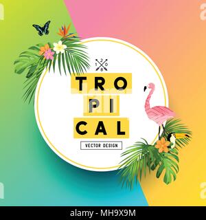 A bright and colorful tropical summer design with Plumerias, a flamingo and jungle palm leaves. vector illustration. Stock Vector
