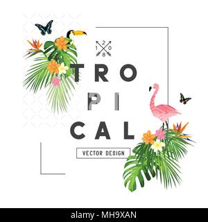 Tropical rainforest elements and frame with palm tree leaves, flora, and wildlife. Vector illustration Stock Vector