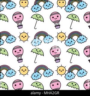 kawaii umbrella hot air balloon rainbow pattern background vector illustration Stock Vector