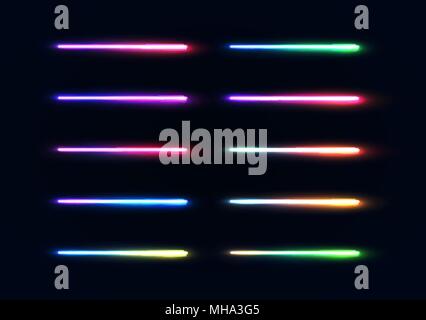 Neon lights tubes set. Colorful glowing lines collection isolated on dark blue background. Luminous gradient lamps elements pack for night party or game design. Color bright vector illustration. Stock Vector