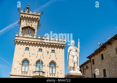 Central square of San Marino with the Public Palace and statue of Liberty in Sam Marino Republic Stock Photo