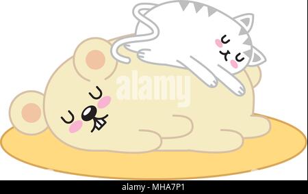 cute hamster and cat sleeping kawaii character vector illustration design Stock Vector