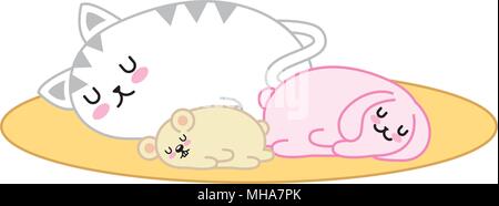 cute hamster with rabbit and cat sleeping kawaii character vector illustration design Stock Vector