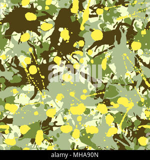 Green shades, yellow, beige artistic ink paint splashes camouflage seamless pattern Stock Photo