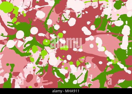 Pink, green, red, white ink paint splashes camouflage colorful background Stock Photo