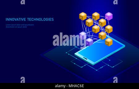 Neural network deep learning smartphone cell. Cognitive technology concept. Logical artificial intelligence memory processor mathematics. Violet neon color gold glowing vector illustration Stock Vector