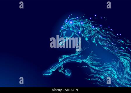Blue glowing horse riding night sky star. Creative decoration magical backdrop shining cosmos space moon light fantasy background vector illustration Stock Vector