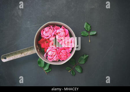 Romantic pink rose image shows roses as floral arrangement against vintage black background. Stock Photo