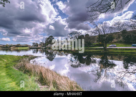 April 30th, 2018, Gougane Barra, county Cork, Ireland - view of the Gouganebarra Lake and the river Lee, with the Gougane Barra Hotel in the backgroun Stock Photo