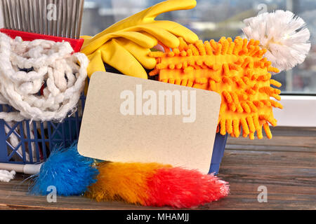 Close up house cleaning supplies. Stock Photo